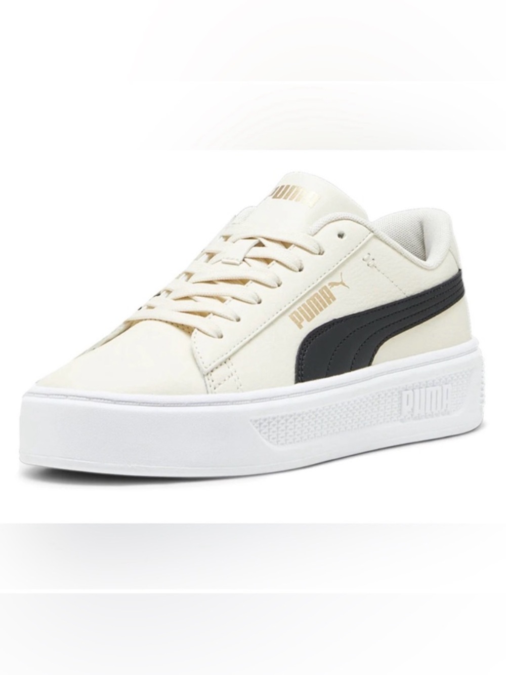 PUMA, Smash V3 Platform Sneakers, Off White/ Cream with Black and Gold, Size 8
